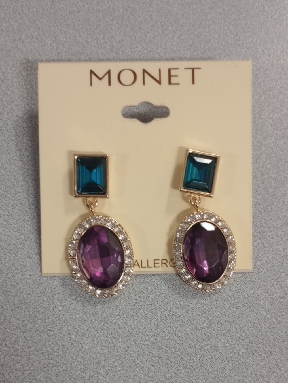 Monet Gold Tone Blue and Purple Crystal Drop Earrings